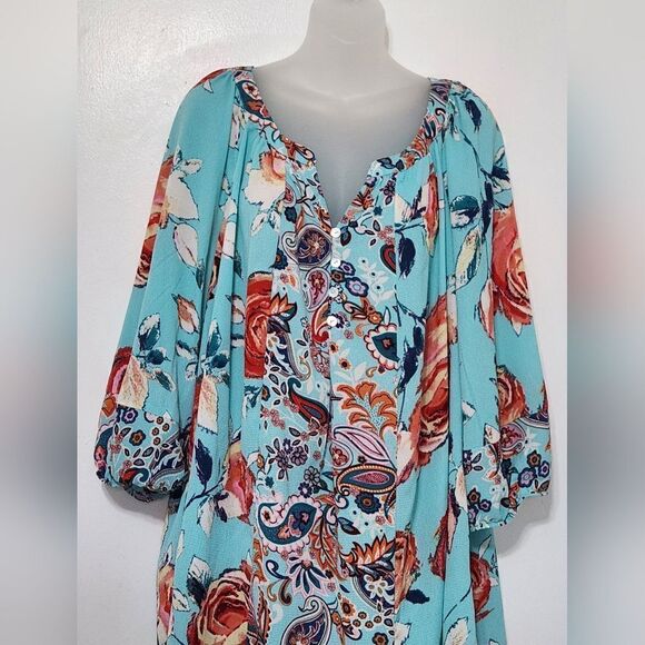 Fig and flower anthropogie turquoise floral print blouse. Size 3X - Picture 3 of 6